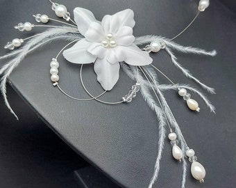 Bridal wedding necklace crystal beads satin flower and feathers - ivory or white