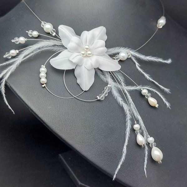 Bridal wedding necklace crystal beads satin flower and feathers - ivory or white