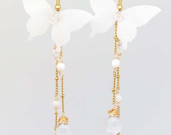 Wedding earrings - bridal jewelry Silk butterfly - gold or silver - boho ~ mother-of-pearl beads,