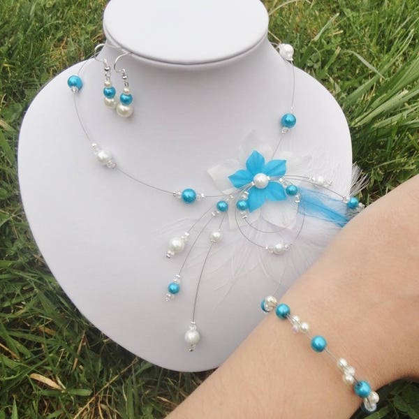 Bridal jewelry set, 3-piece wedding set, silk flowers & feathers, turquoise white ivory necklace, bracelet and earrings