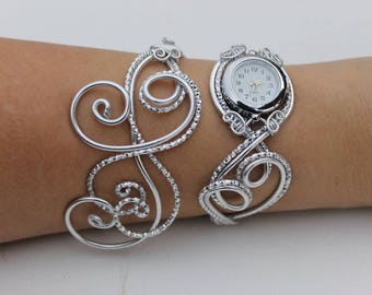 Bracelet montre- Duo d'aluminium argenté - bracelet montre - montre femme, cadeau noel, montre fait main, montre aluminium