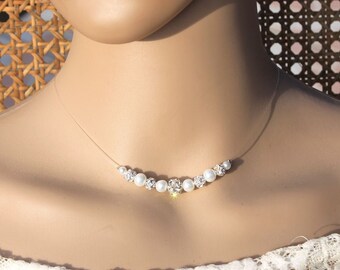 Bridal necklace - wedding - ivory or white pearls - swarovski crystal beads necklace - clear wire - illusion necklace