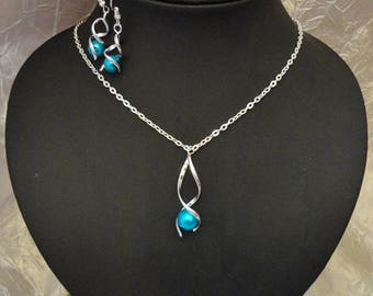 Bruiloft sieraden set, turquoise blauwe Twist ketting + oorbellen set, bruidshuwelijksavond