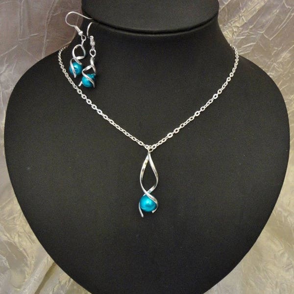 Ensemble de bijoux pour mariage, Parure collier + boucles d'oreilles Twist bleu turquoise mariée mariage soirée