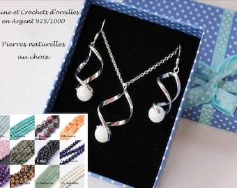 Set of jewelry set necklace + earrings 925 sterling silver Twist and natural stones to choose (Amethyst, aquamarine, jade...)