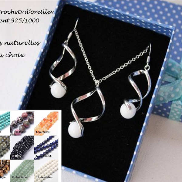 Ensemble de bijoux, Parure collier + boucles d'oreilles Twist crochets Argent 925 et Pierres naturelles au choix (améthyste, aigue marine