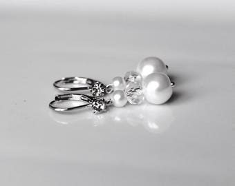 Wedding Stud Earrings swarovski Pearl Earrings white (or ivory upon request) and Crystal bridal party