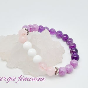 &quot;Feminine Energy&quot; stone bracelet - Amethyst, Lepidolite, White Jade, Rose Quartz, Lithotherapy, benefits, anti-stress, femininity
