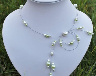 Set of jewelry for wedding, Bridal headpiece, lime green and ivory (or white) necklace + bracelet + earrings