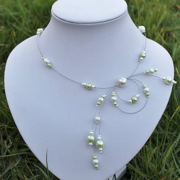 Ensemble de bijoux pour mariage, Parure de mariée,  vert anis et ivoire (ou blanc) collier + bracelet + boucles d'oreilles