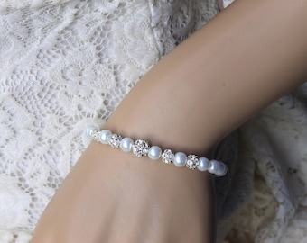 Bracelet mariée, bracelet de mariage - Strass cristal swarovski - Perles en verre - ivoire ou blanc - bracelet elastique -