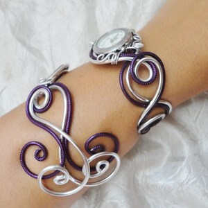 Cadeau noel Bracelet montre Cadeau pour elle Duo d'aluminium argenté prune violet montre femme Artisanale montre originale image 3