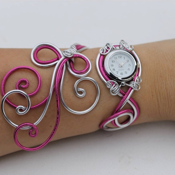Bracelet montre- Piéce Unique- Duo d'aluminium argenté rose