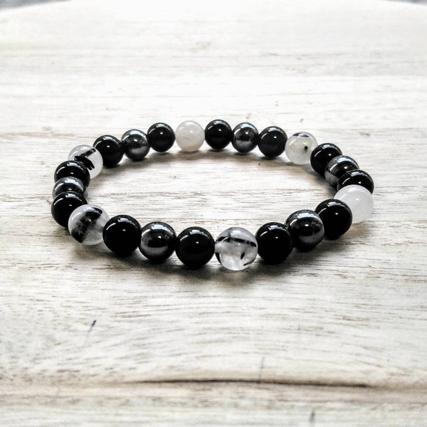 Bracelet triple protection Onyx, Hématite et Quartz Tourmaline , force, protection, bien être, Lithotherapie