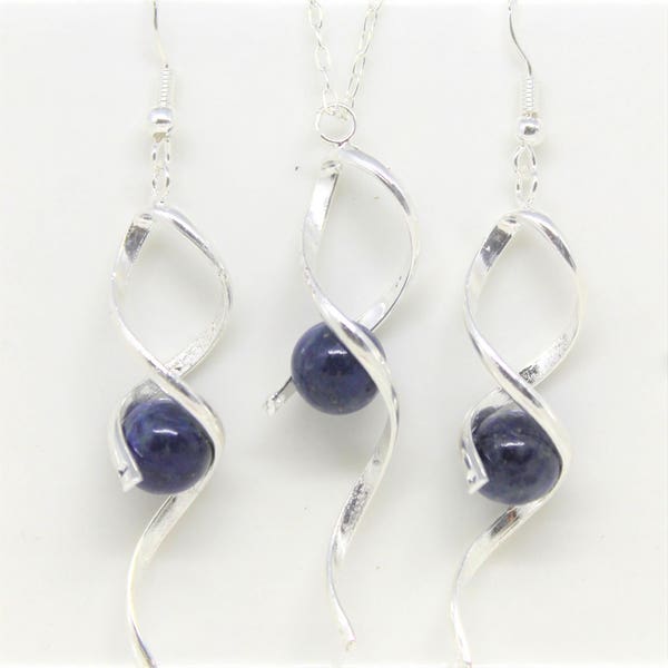 Ensemble de bijoux, Parure collier + boucles d'oreilles Twist - chaine et boucles d'oreilles Argent 925  - Lapis Lazuli  mariage