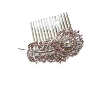 Bijou de cheveux peigne vintage plume mariage mariée Ancien strass perles