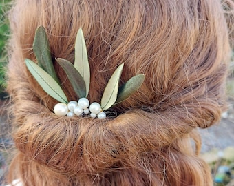 Wedding hairstyle - Bun pins with olive leaves and glass beads, wedding bride - Ivory or white - Gold or Silver - hair pin