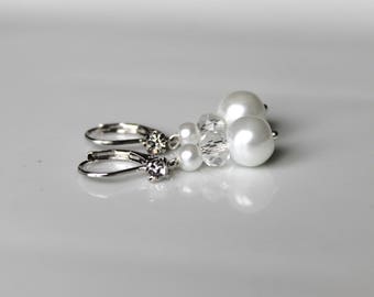 Wedding - Stud Earrings swarovski earrings (or ivory) white pearls and Crystal - bridal party