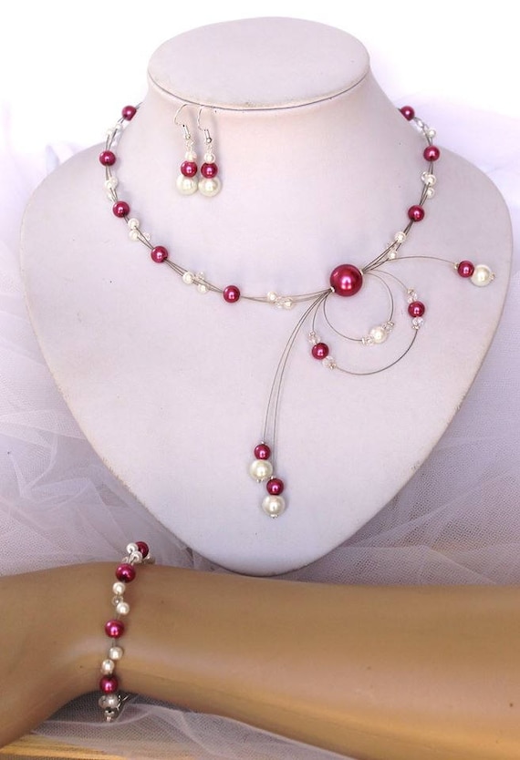 Collier Perles De Verre Blanc/bordeaux Pour Robe De Mariée - Bijou De Soirée, Neuf Avec étiquettes