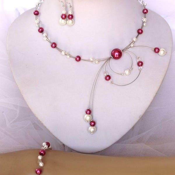 Ensemble de bijoux mariage, parure de mariée - perles de verre Fuchsia fushia ivoire (ou blanc) collier + bracelet + boucles  Parure