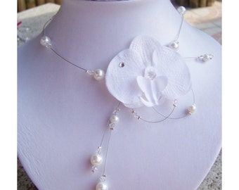 Matrimonio, collana orchidea per la sposa, orchidea bianca di raso - gioielli per il matrimonio, Collier Perle vetro perline cristallo set,