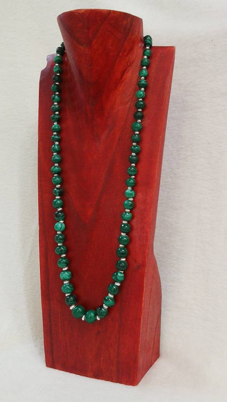 Long necklace in natural Malachite, necklace in fine stones and solid silver, Length 70cm, unique piece, Positive energy