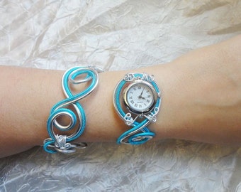 Bracelet montre- montre fait main - montre originale - sans nickel - Duo d'aluminium argenté bleu turquoise