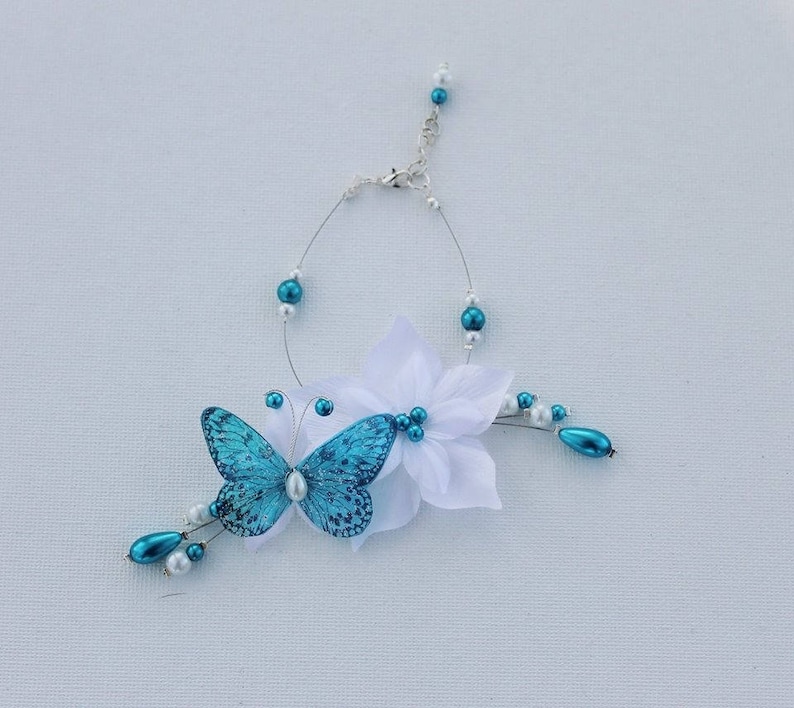 Set of bridal jewelry set wedding flower and white turquoise Butterfly wedding necklace bracelet and earrings
