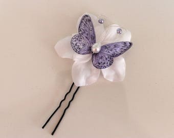 Bridal hair PIC-wedding-white satin flowers (ivory) and Parma Butterfly customizable
