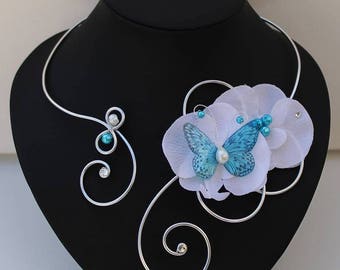 Ensemble de bijoux Mariage - parure de mariée - Collier, bracelet et boucles d'oreilles - Duo d'Orchidées blanches et papillon turquoise