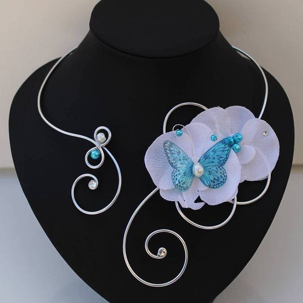 Ensemble de bijoux Mariage - parure de mariée - Collier, bracelet et boucles d'oreilles - Duo d'Orchidées blanches et papillon turquoise