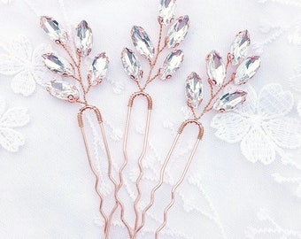 Wedding hairstyle - Swarovski crystal wedding bridal bun pins - crystal clear - Rose gold - hair pin - Country boho