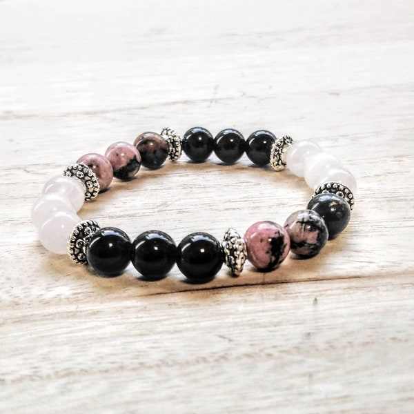 Bracelet Amour, Confiance et Protection, Quartz rose, Rhodonite et Onyx, bien être, Lithotherapie, perles en métal argenté