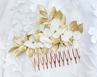 Bijou de cheveux mariage - peigne feuilles et fleurs naturelles stabilisées pour mariée - doré - chignon mariée - coiffure mariage bohème