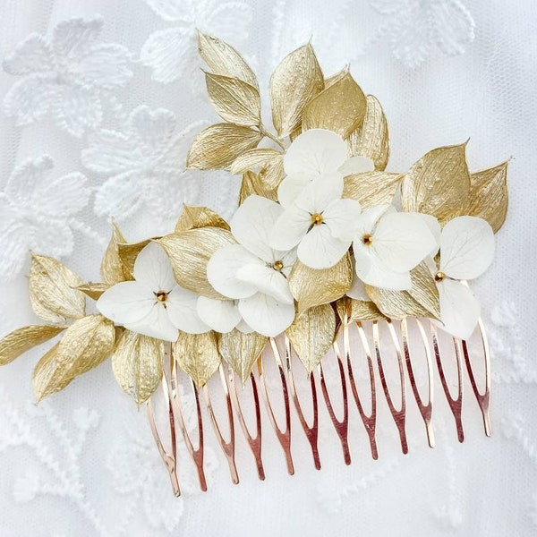 Bijou de cheveux mariage - peigne feuilles et fleurs naturelles stabilisées pour mariée - doré - chignon mariée - coiffure mariage bohème