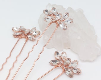 Wedding hairstyle - Swarovski crystal wedding bridal bun pins - crystal clear - Rose gold - hair pin - retro Art Deco style