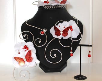 Ensemble de bijoux mariage - Parure Mariée - Orchidées blanches et papillon rouge: collier bracelet bijou de cheveux Boucles d'oreilles