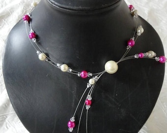 Wedding necklace-bridal necklace-evening necklace-ivory (or white) glass beads and Fushia (Fuchsia)-Crystal beads