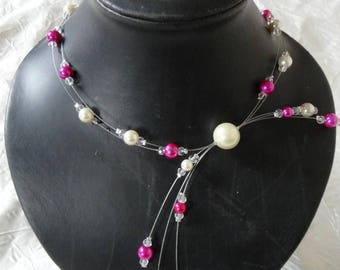 Collier Rose Fushia Argenté Avec Perles - Pour Robe De Mariée Ou Cérémonie - Neuf