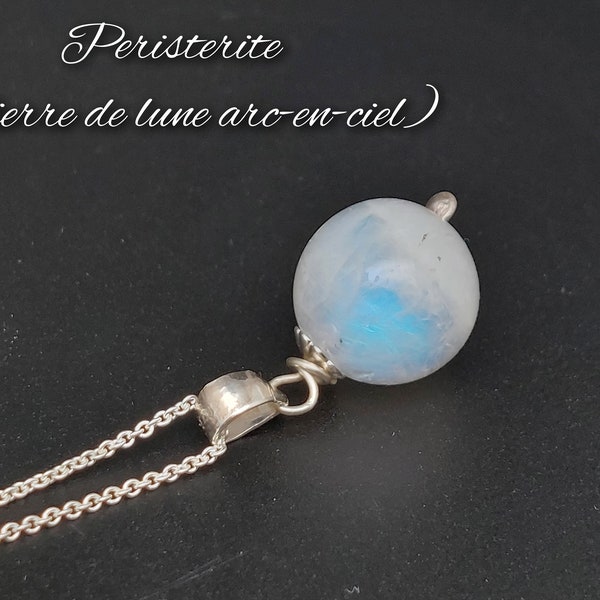 Collier boule 10mm en Péristerite - Pierre de lune Arc-en-ciel- et Argent massif - Lithothérapie: Féminité, douceur, écoute, sensibilité