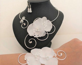 Wedding - bridal set - pair of white orchids set: necklace bracelet earrings, pearl beads