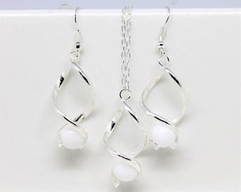 Sieraden set, Ketting set + oorbellen Twist Silver 925 en Jade wit huwelijks huwelijksavond
