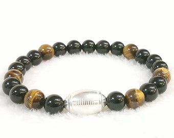 Bracelet mixte - Pierres d'Onyx et Oeil de Tigre, Ballon de rugby en zamack- Bracelet élastique  - Lithotherapie -