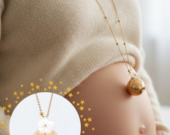 Gold Pregnancy Bola & Mother-of-Pearl Flower Stainless Steel Chain Maternity Mom
