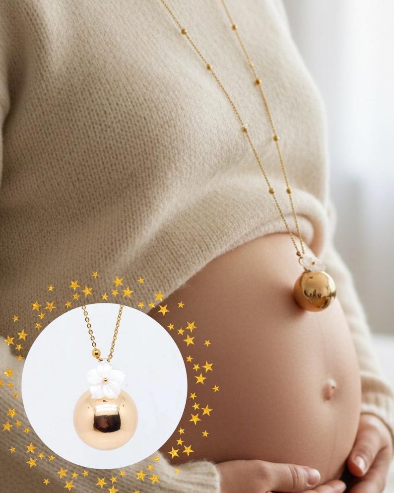 Gold Pregnancy Bola & Mother-of-Pearl Flower Stainless Steel Chain Maternity Mom image 2
