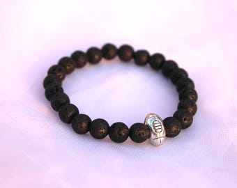 Pulsera Hombre - Piedras de Lava - Pelota de Rugby - Pulsera Elástica - Pulsera Piedras Finas - Litoterapia