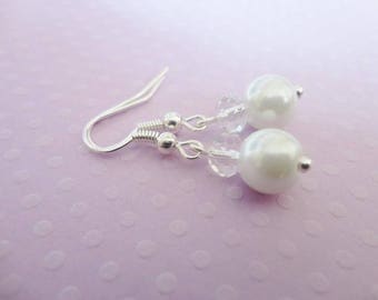 Boucles d'oreilles mariage, mariée, perles de verre blanches ( ou ivoires) et cristal ARGENT 925