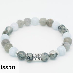 Zodiac Bracelet in natural stones - PISCES Sign - Aquamarine, Prehnite and Labradorite, Lithotherapy, Benefits