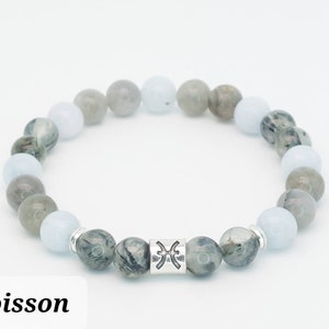 Bracelet Zodiaque en pierres naturelles Signe POISSON Aigue marine, Prehnite et labradorite , Lithotherapie, Bienfaits image 1