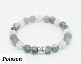 Bracelet Zodiaque en pierres naturelles- Signe POISSON - Aigue marine,  Prehnite  et labradorite , Lithotherapie, Bienfaits